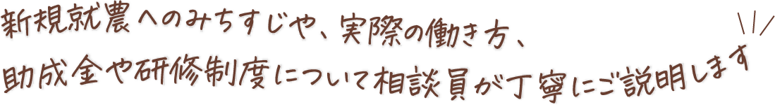 新規就農へのみちすじや、実際の働き方、助成金や研修制度について相談員が丁寧にご説明します